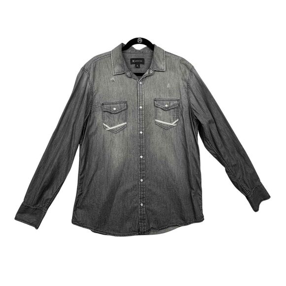 INC International Concepts Mens Sz Large Pearl Snap Shirt Distressed Black - Picture 1 of 8